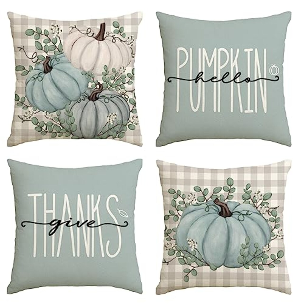 AVOIN colorlife Hello Pumpkin Give Thanks Throw Pillow Covers 18x18 Set of 4, Fall Autumn Thanksgiving Eucalyptus Leaves Harvest Decoration for Home